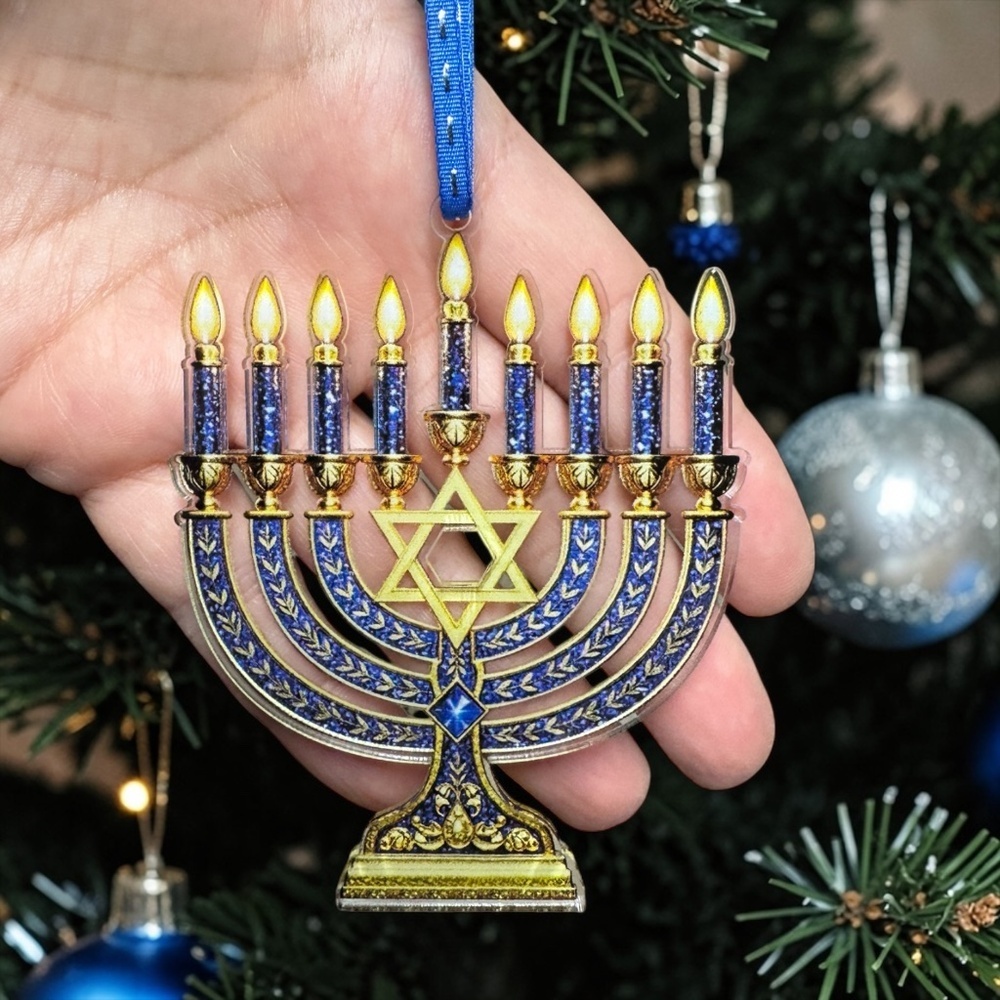 Menorah Ornament Hanukkah Tree Decor Blue Gold Jewish Holiday Gift - Picture 3 of 9